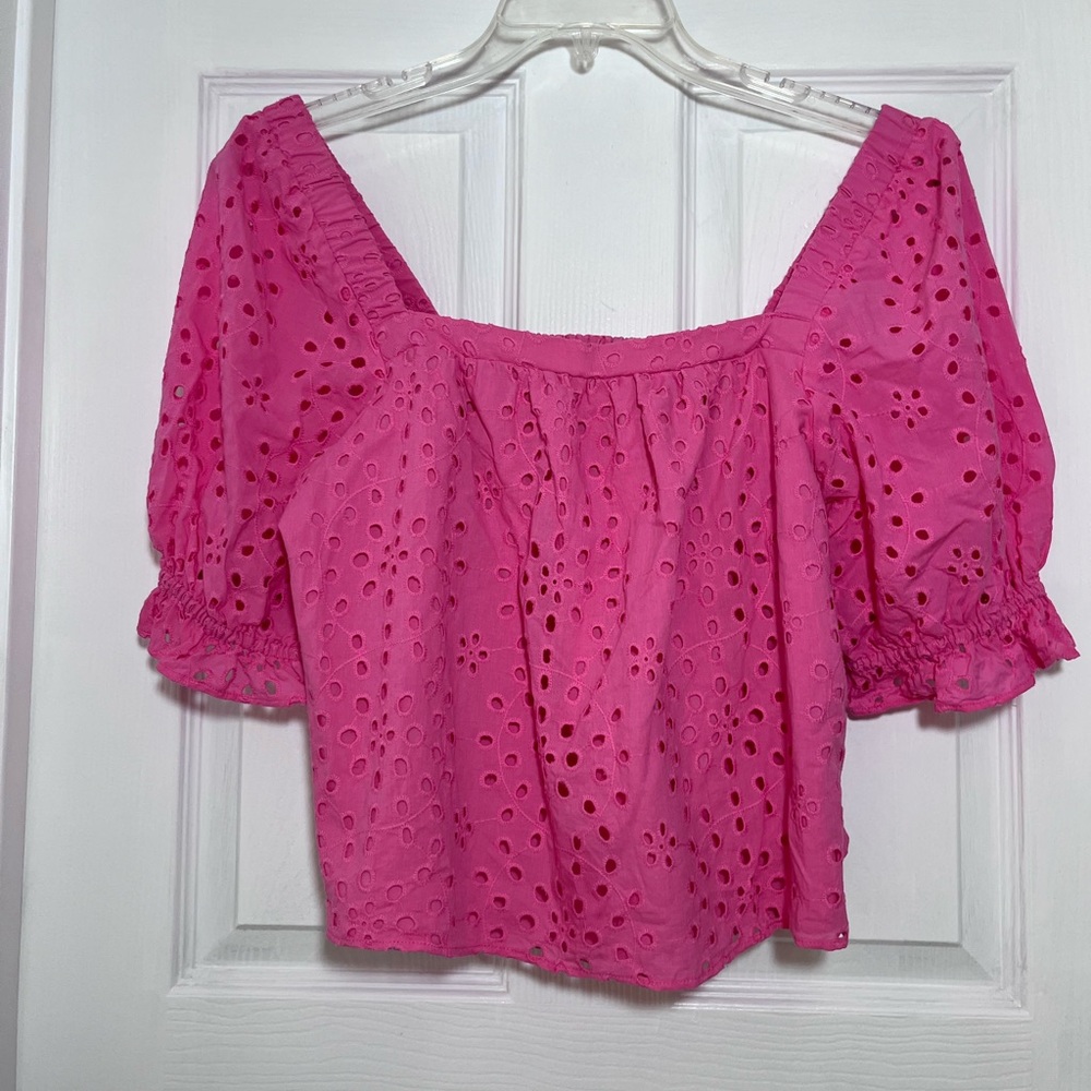 1. State Light Hot Pink Eyelet Puff Sleeve Square Neckline Crop Top